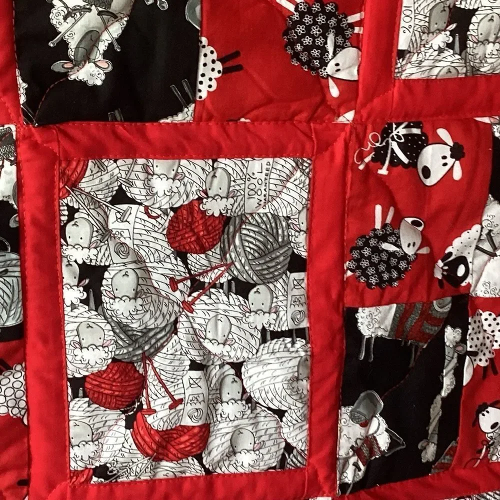 NWT. Black White and Red Sheep Lap Quilt Hand Crafted